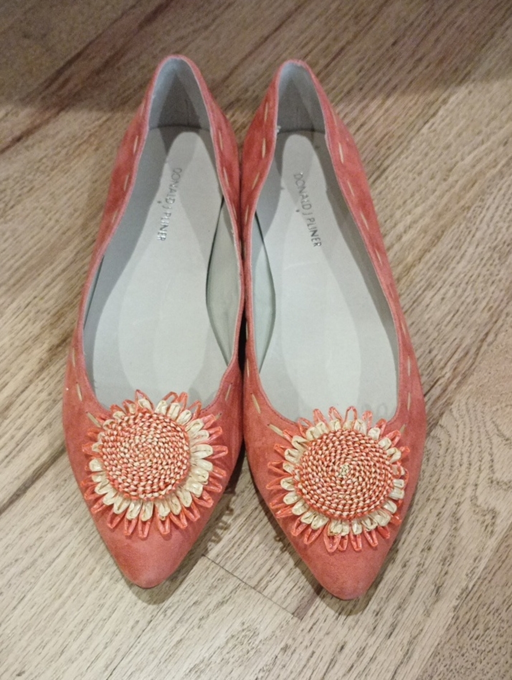 Donald J. Pliner Coral Suede Pointed Toe Flats with Sunflower Applique